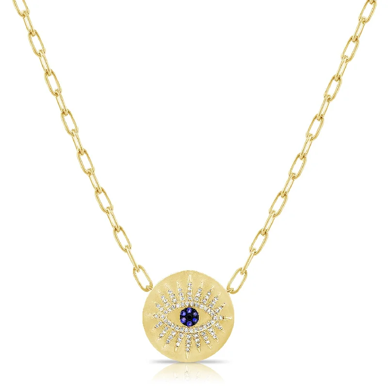 personalized family tree necklace 14K Yellow Gold Diamond + Blue Sapphire Evil Eye Necklace