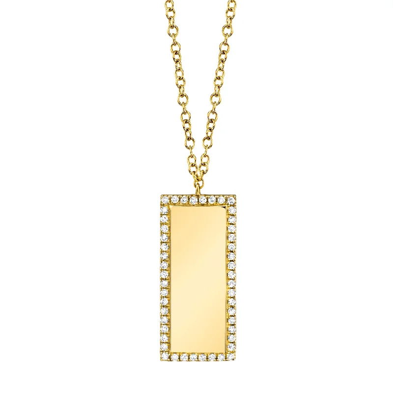 layered pearl choker necklace 14K Yellow Gold Diamond Border Rectangle Bar ID Necklace