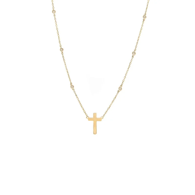 celestial crescent moon bracelet 14K Yellow Gold Diamond By The Yard Necklace With Gold Cross