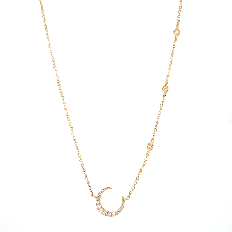 tiny gold huggie hoops 14K Yellow Gold Diamond Crescent Moon + Diamond Bezel Necklace