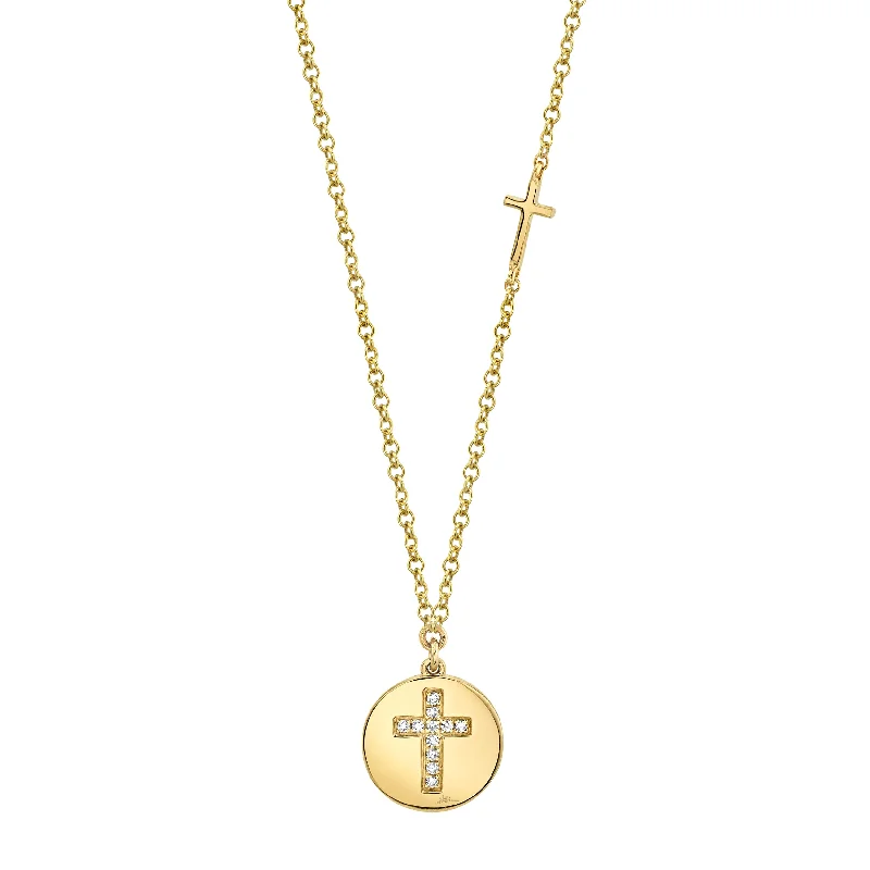 rose gold initial pendant necklace 14K Yellow Gold Diamond Cross Disc Necklace