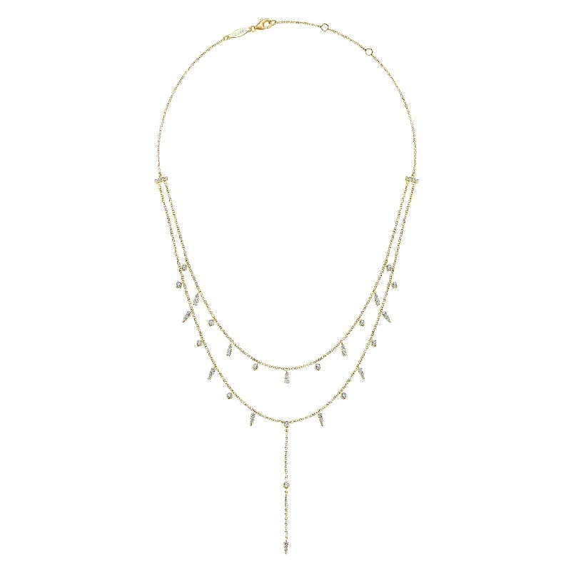 modern geometric earrings gold 14K Yellow Gold Diamond Double Row Dangle Drop Necklace