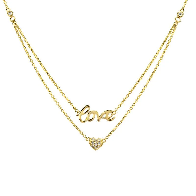vintage art deco engagement ring 14K Yellow Gold Layered Diamond Love + Heart Necklace