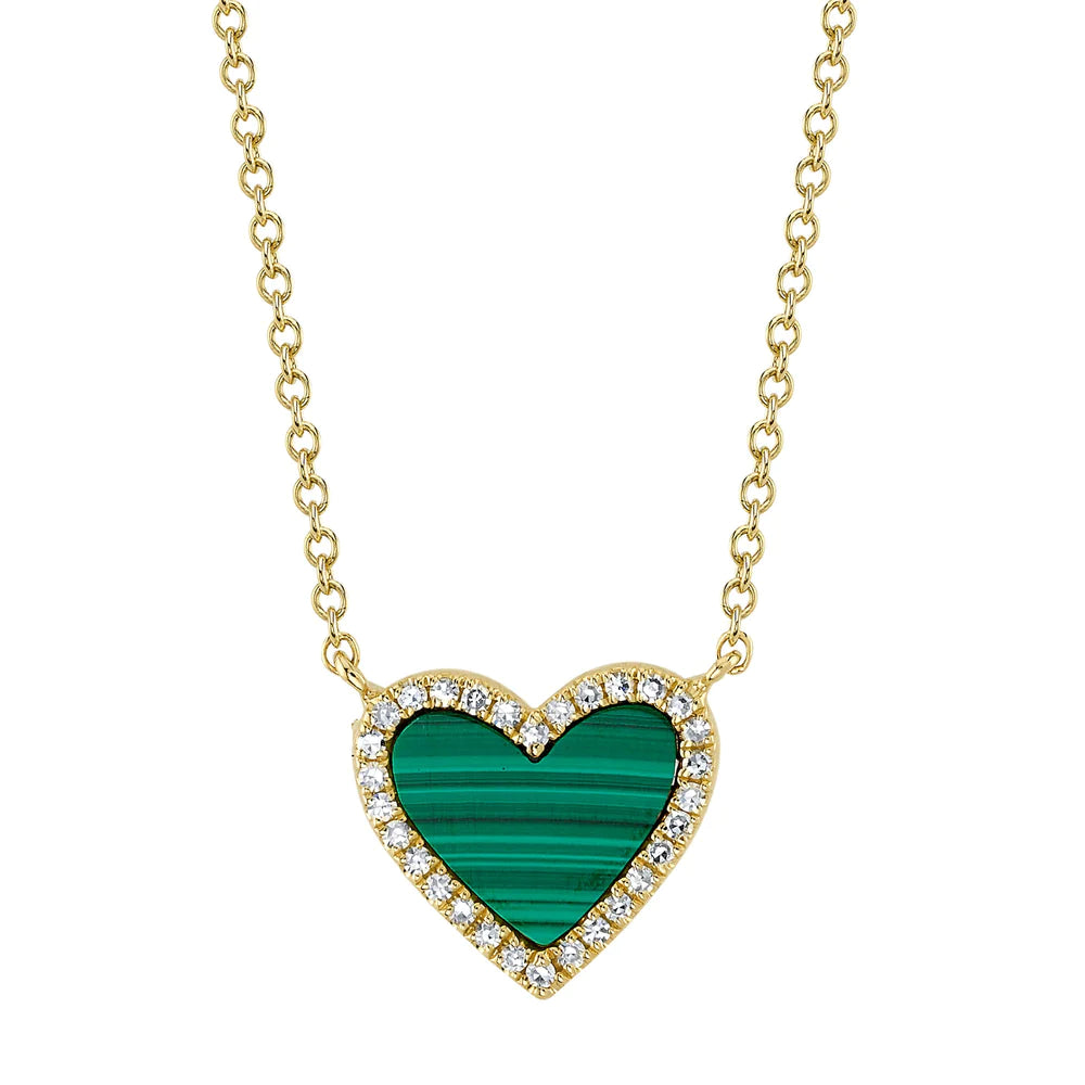 minimalist cubic zirconia earrings 14K Yellow Gold Malachite Heart Necklace