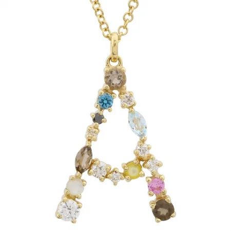 double-layered choker necklace 14K Yellow Gold Multi Color Stones Initial "A" Necklace