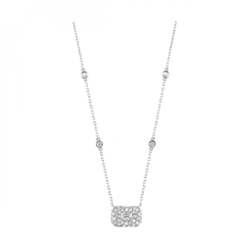 delicate marquise diamond band 14KW Rectangle Shaped Round Diamond Cluster Pendant with Emerald Center