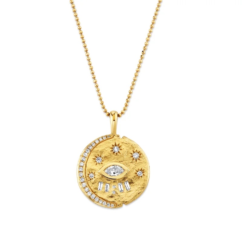 vintage-style diamond halo ring Angel Eye 11:11 Alchemy Coin Pendant