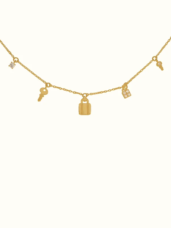 gold and diamond nose stud 18K Tiny Lock & Key Charms Necklace