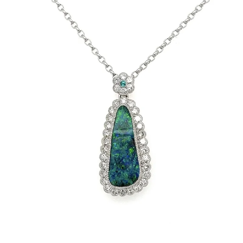 18K WG 4.81ct Boulder Opal, .82tcw Diamond & .01ct Paraiba Necklace Regard Jewelry Austin, Texas