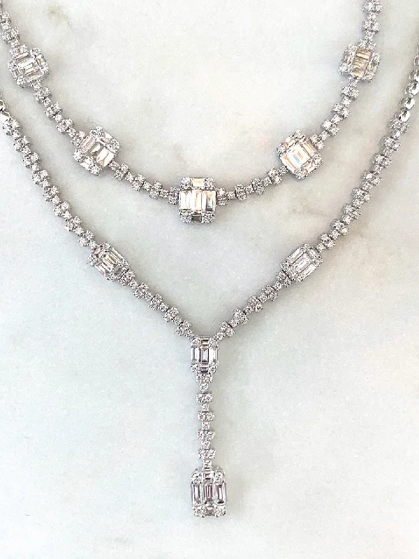 rose gold bar bracelet personalized 18K White Gold Round and Baguette Diamond Y Necklace