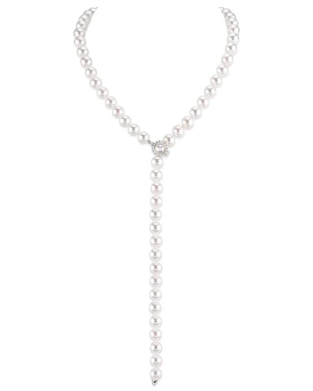 unique moon phase ring White Japanese Akoya Pearl & Diamond Lariat Adjustable Necklace, 8.0-8.5mm - AAA Quality