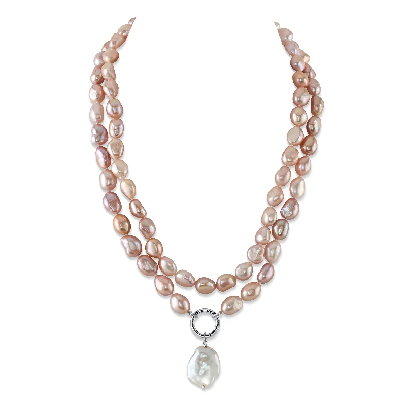 silver lotus flower earrings 9.5-10.5mm Oval Pink Freshwater Pearl Double Strand Necklace