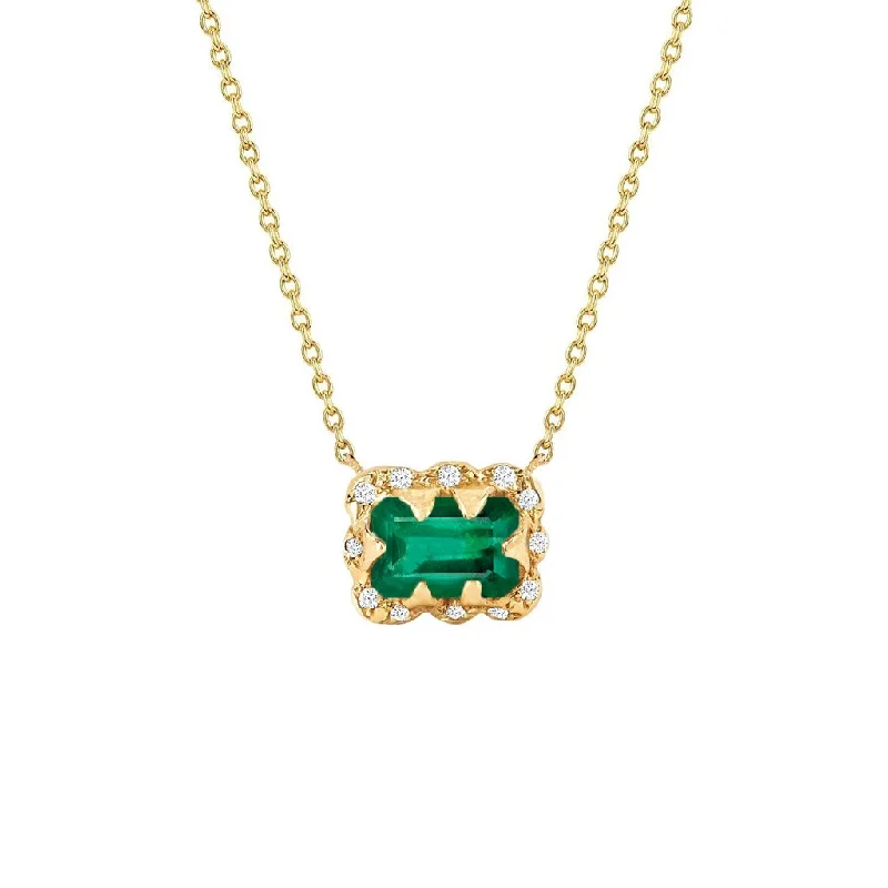 diamond halo engagement ring Micro Queen Emerald Cut Emerald Necklace with Sprinkled Diamonds