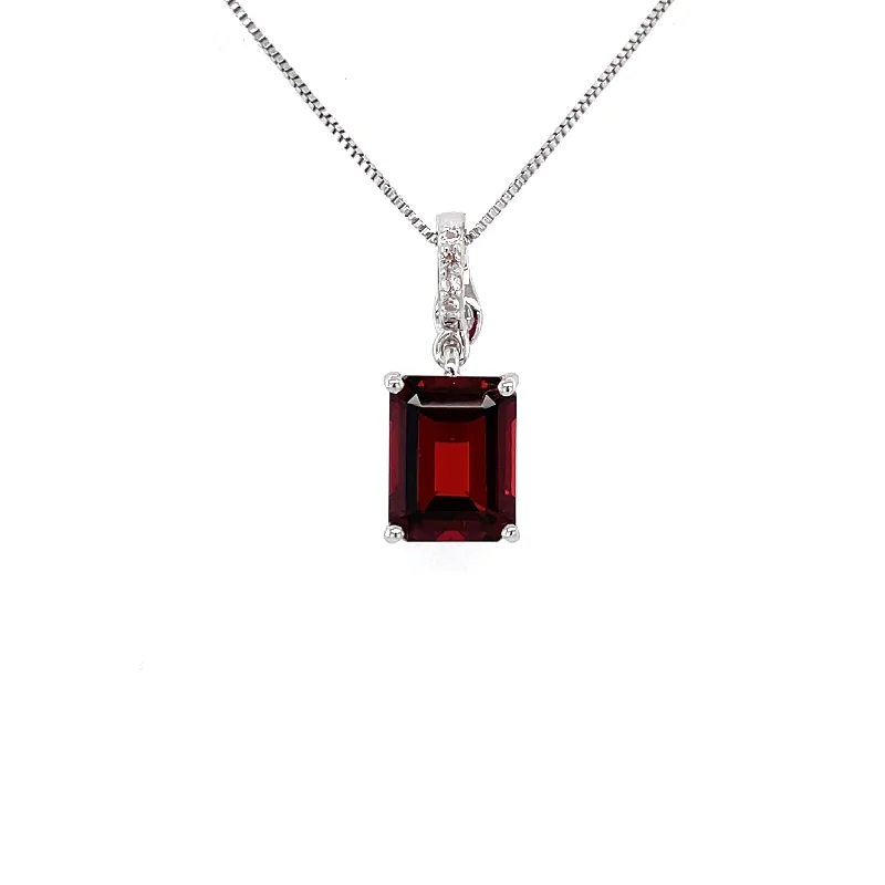 celestial sunburst necklace gold Sterling Silver Rectangle Garnet Pendant with White Topaz Accents | Fernabugh's Jewelers