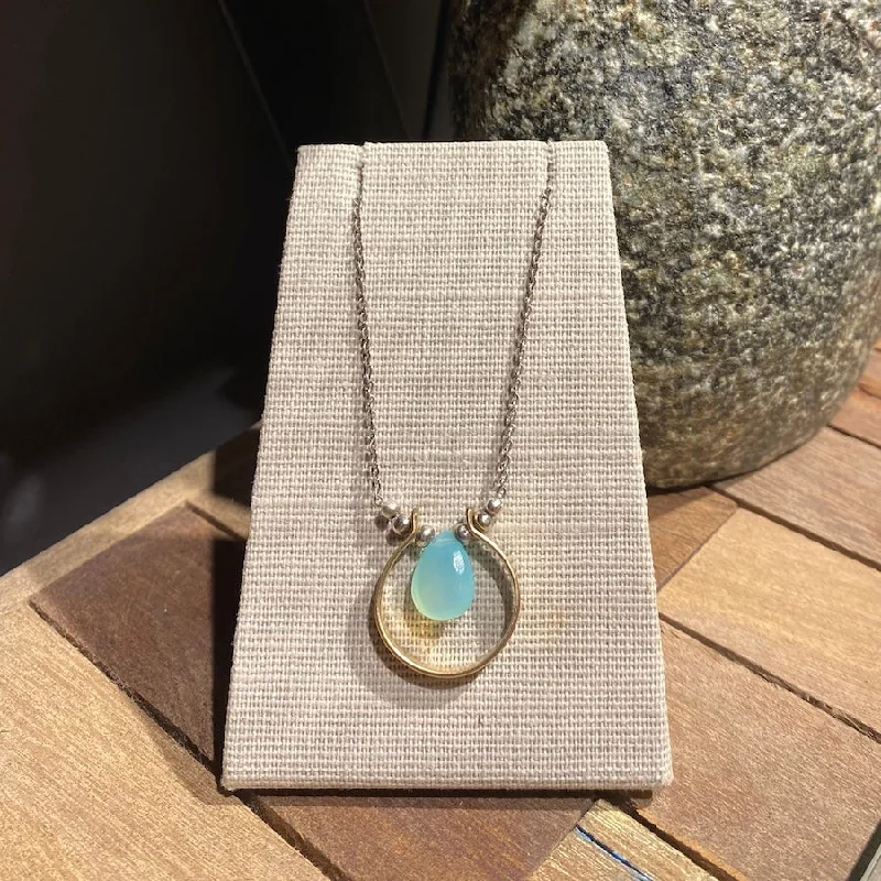 handcrafted gemstone pendant Aqua Chalcedony in Two Tone Horseshoe Necklace