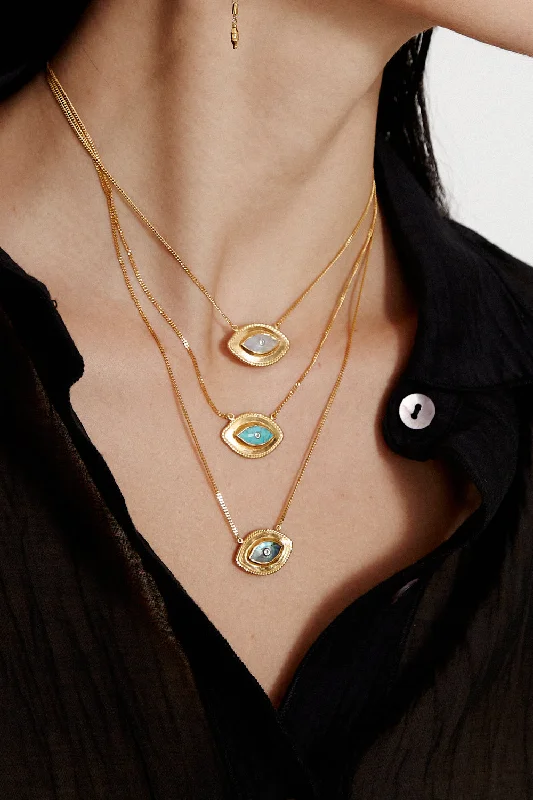 hypoallergenic earrings for sensitive ears Bezel Wrapped Evil Eye Shaped Stone Necklace