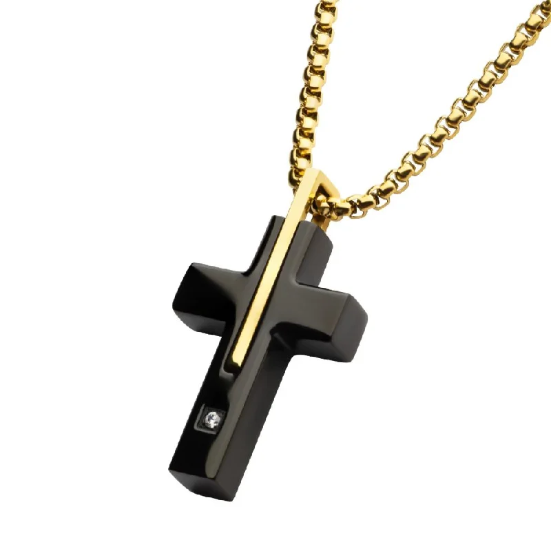 emerald-cut ruby eternity ring Stainless Steel Cross Pendant with 18K Gold and Black IP Overlay | Fernbaugh's Jewelers