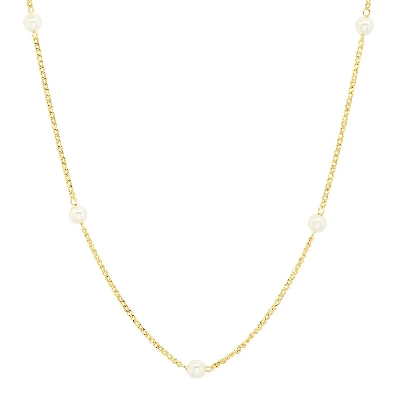 silver wave ring dainty Chain Necklace with 5 Pearl Accents