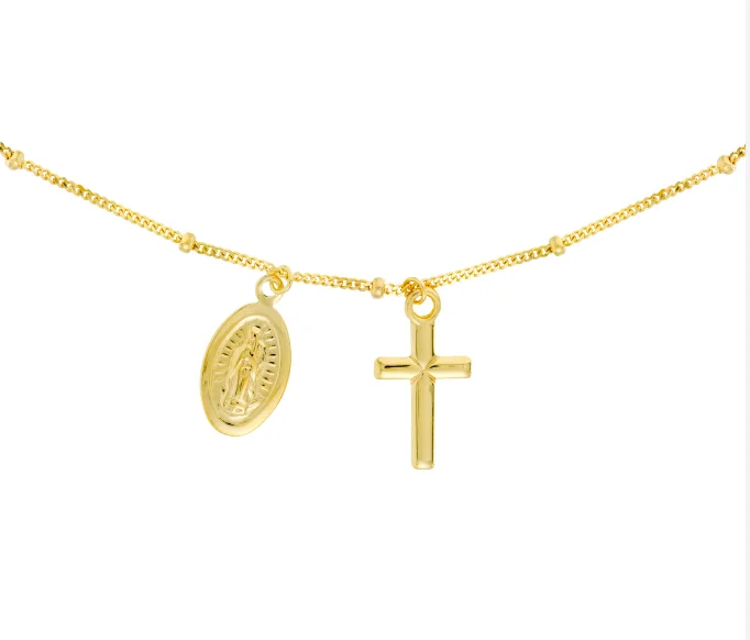 modern baguette diamond ring 14K Yellow Gold Choker with Dangling Virgin Mary + Cross