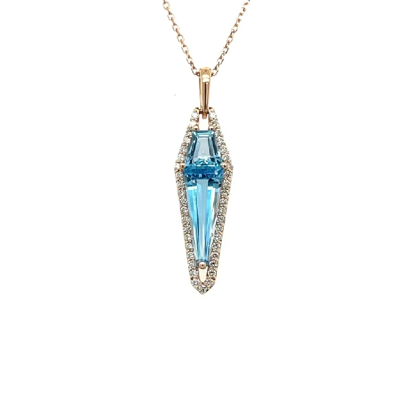 Custom Cut Blue Topaz with Diamonds Pendant with 14K Rose Gold Chain at Regard Jewelry in Austin, Texas