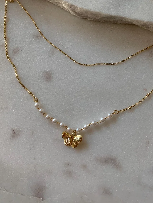 classic pearl bridal earrings Double Layered Butterfly Necklace (PEL)