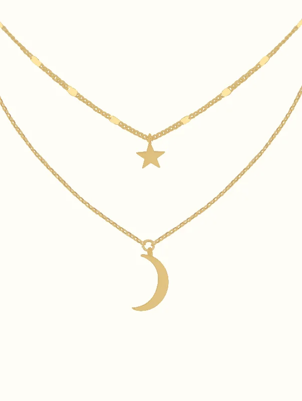 dainty sapphire stacking rings Double Layered Star & Moon Necklace