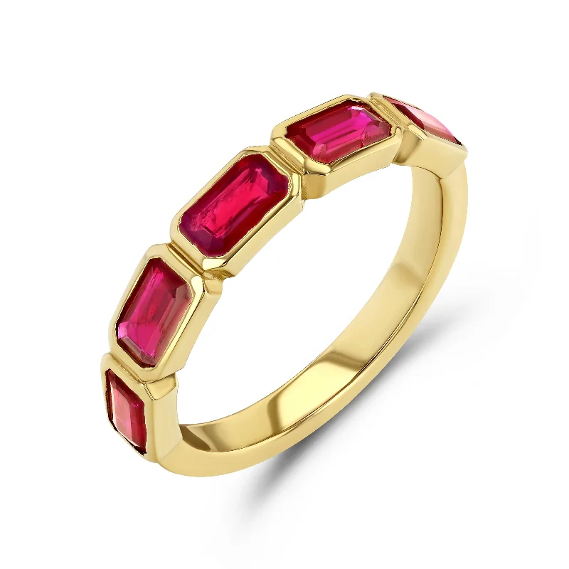 minimalist crystal quartz ring Ruby Emerald Cut Bezel Set Band