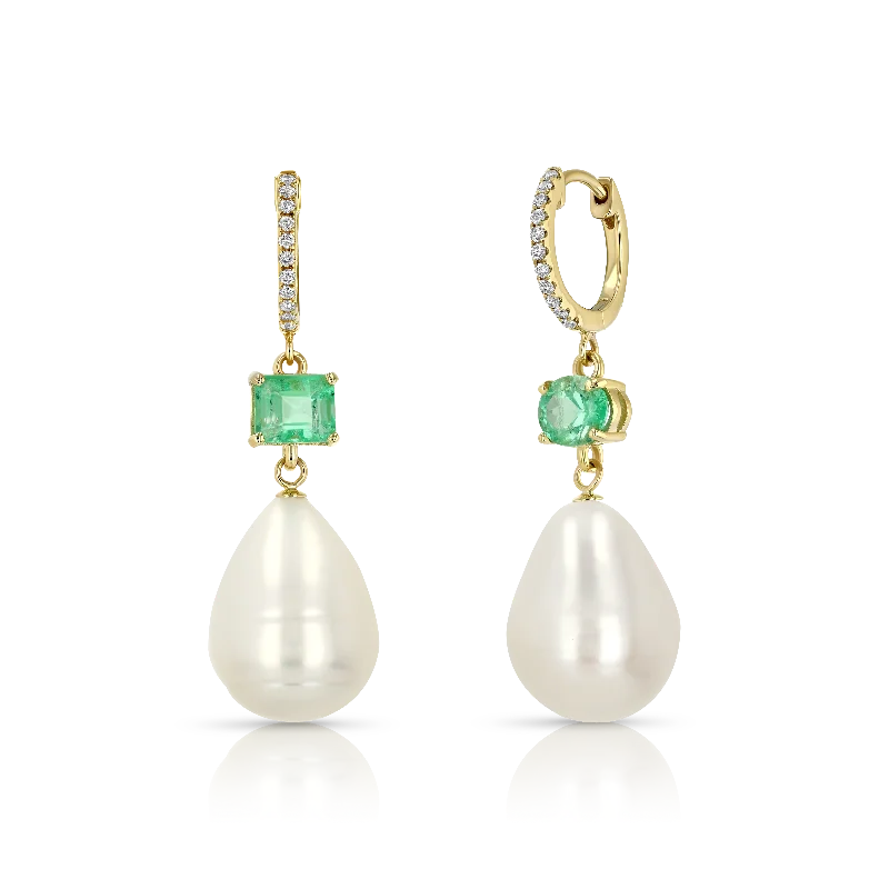 Emerald Pearl Diamond Drop Earrings