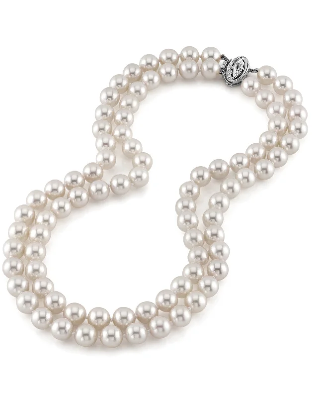 handmade antique silver bangle 9.0-9.5mm Hanadama Akoya White Pearl Double Strand Necklace