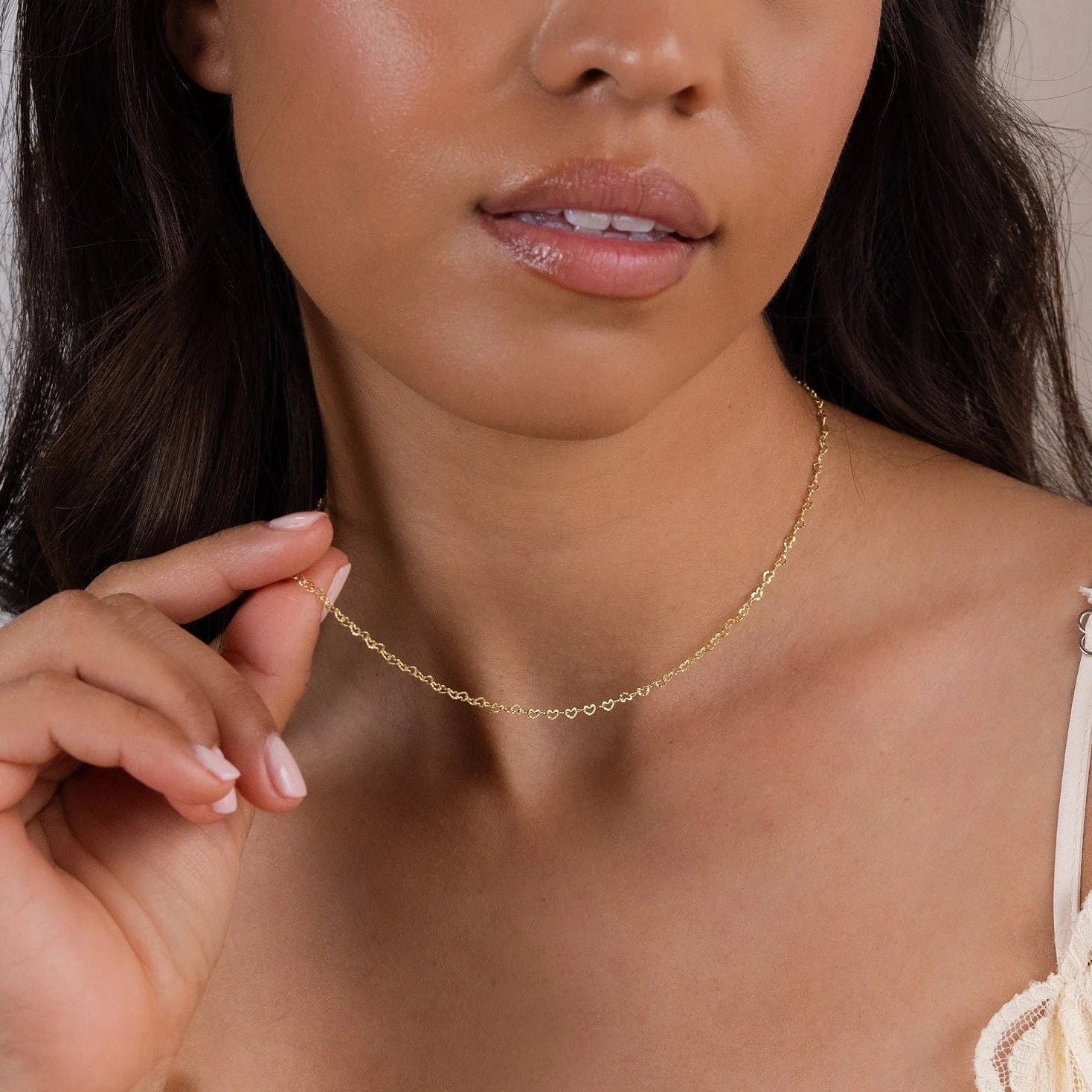 tiny gold huggie hoops Heart Link Chain Necklace