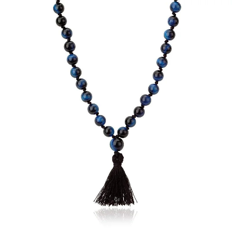 classic gemstone stud earrings LH x JA Akasha Blue Tiger's Eye Mala Bead Tassel Necklace | Ready to Ship