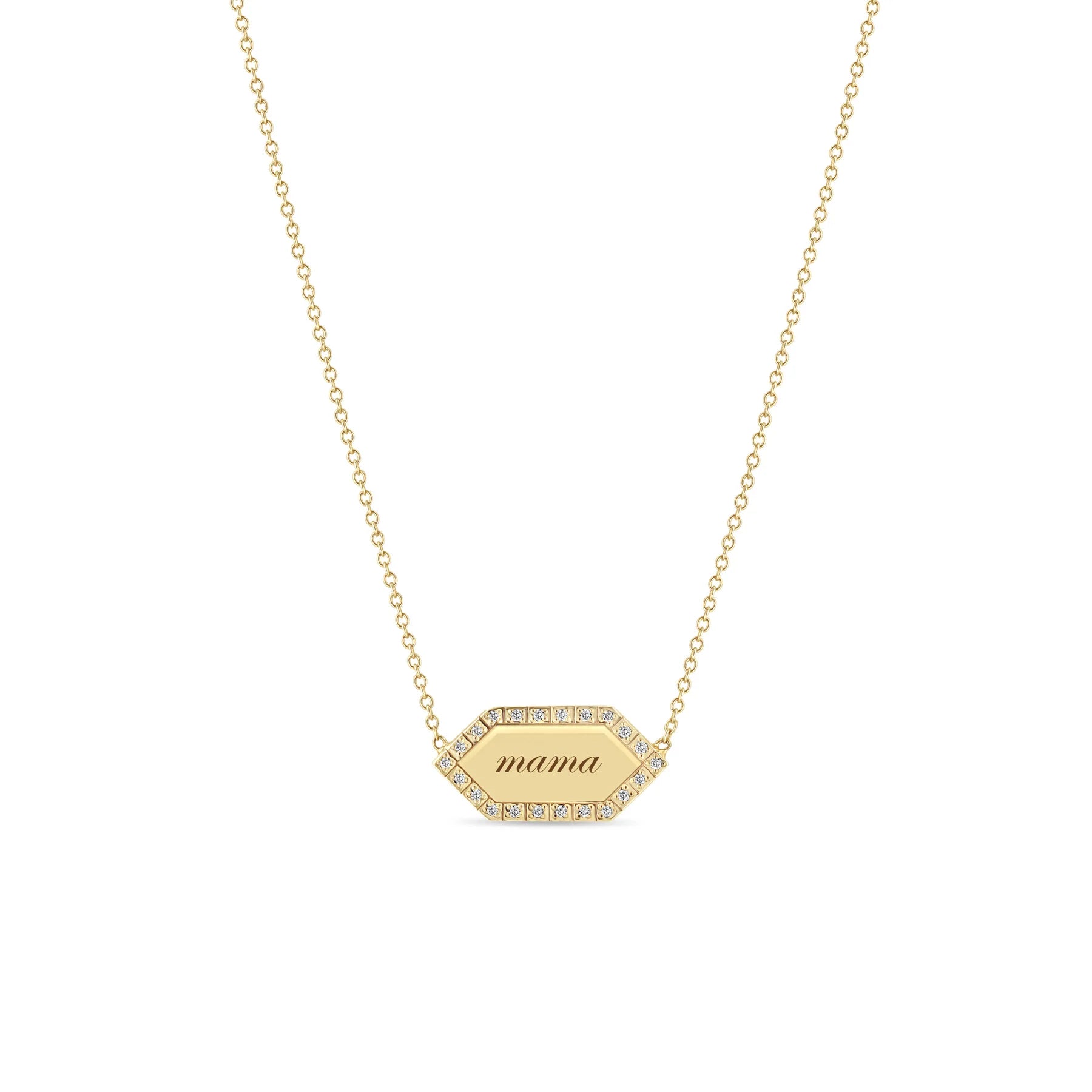 statement gemstone necklace handmade "Mama" Elongated Hexagon Pave Diamond Tag Necklace