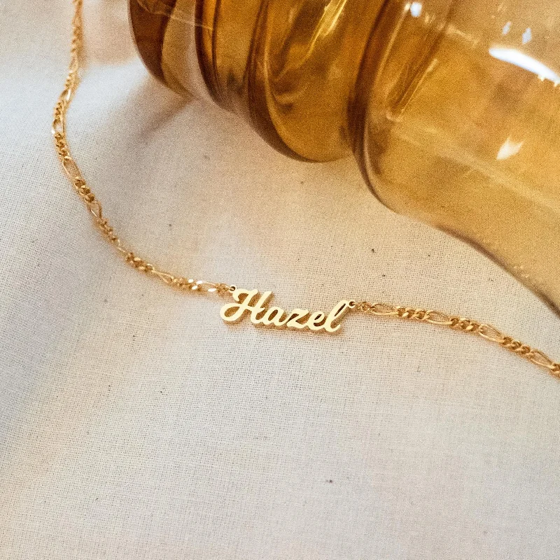 luxury emerald ring platinum Mellow Name Necklace in Figaro Chain