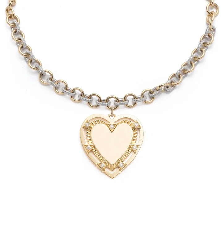 handmade clay bead earrings Midsized Mixed Link Pave Chain with Oversized Engravable Heart Medallion and Oval Pushgate