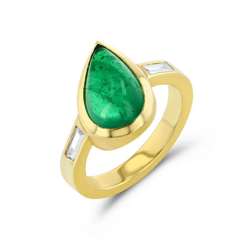 Emerald Pear Cabochon and Diamond Three Stone Ring