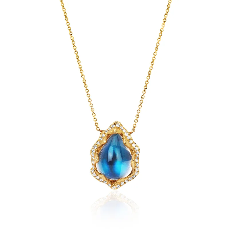 classic diamond solitaire earrings 18k Queen Water Drop Blue Sheen Moonstone Necklace with Full Pavé Halo