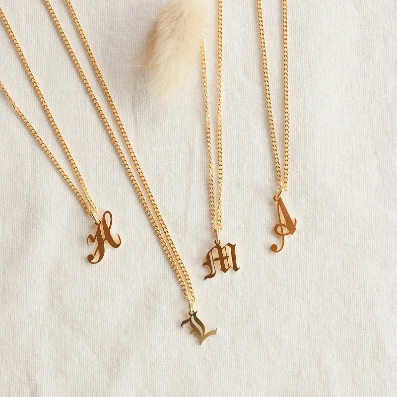 solid gold disc charm bracelet Old English Initial Necklace with Curb Chain