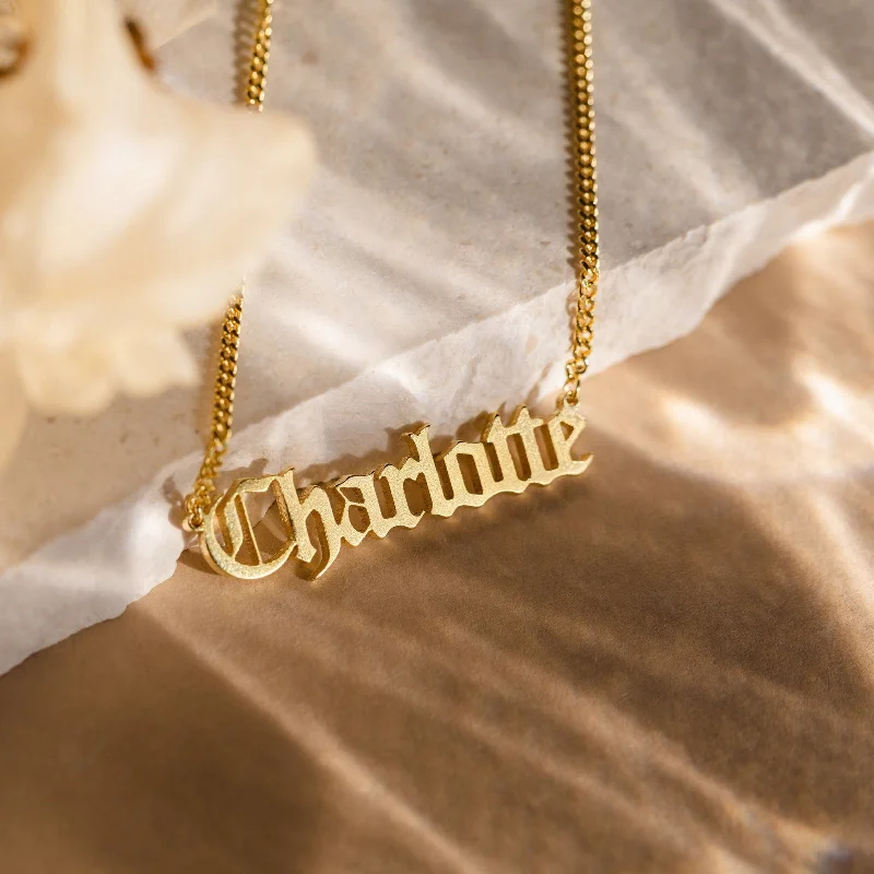 gold engagement ring vintage Old English Name Necklace in Curb Chain
