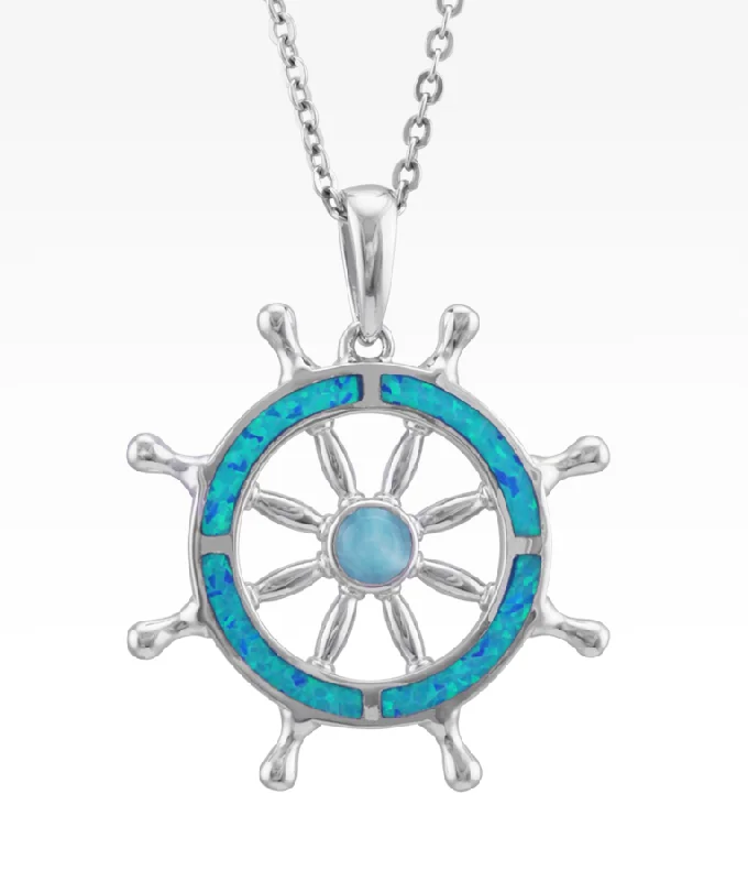 handcrafted filigree ring silver Opal and Larimar Ship's Wheel Necklace