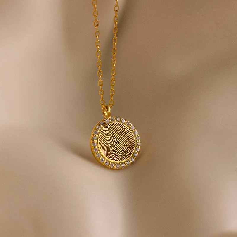 vintage gold engagement ring Pave Fingerprint Coin Necklace