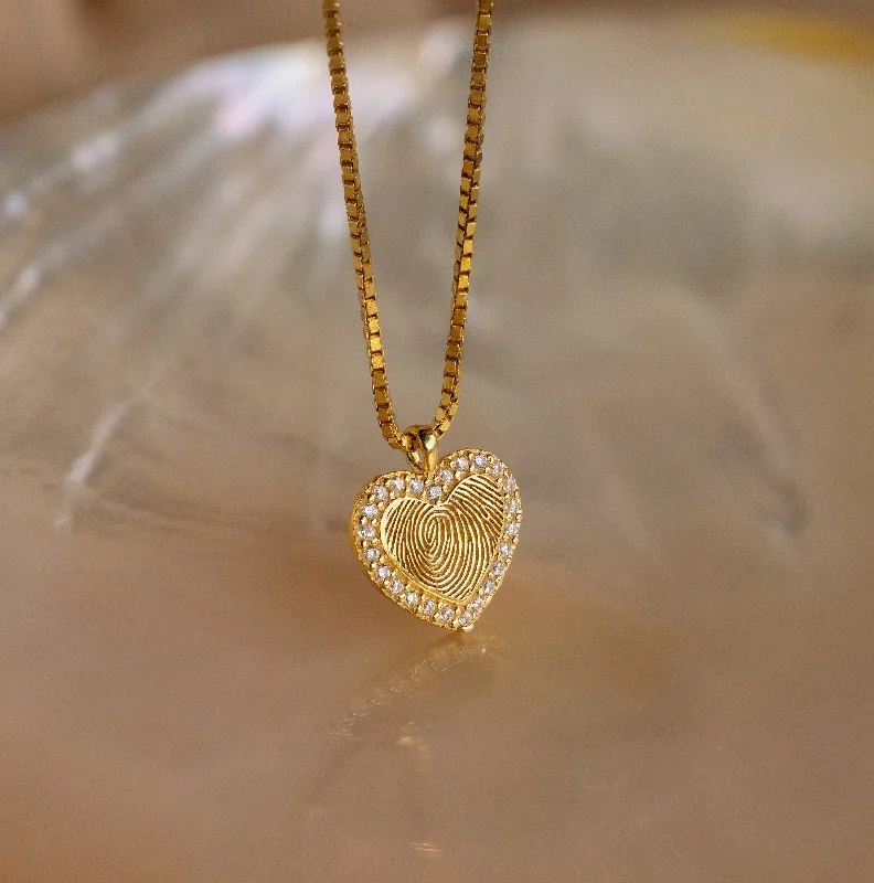 personalized engraved locket Pave Fingerprint Heart Necklace