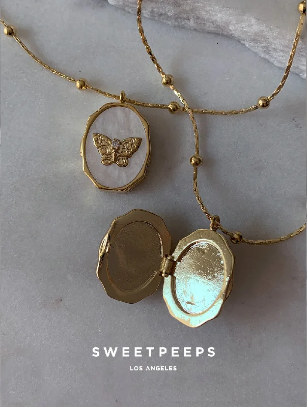 hammered silver wedding band Pearl Butterfly Locket Necklace (Locket)