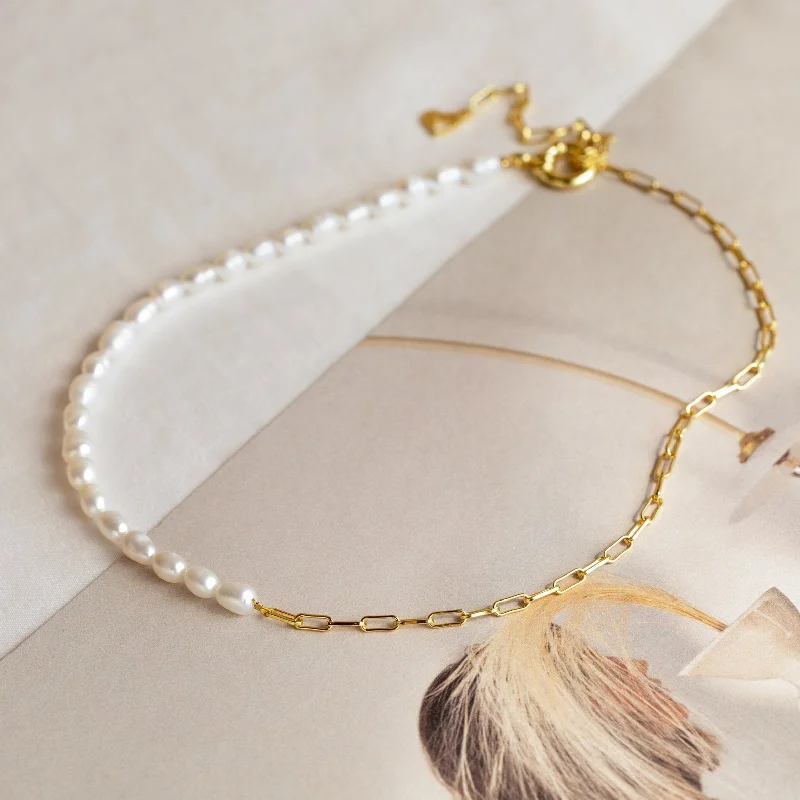 hammered gold signet ring Pearl & Paperclip Chain Necklace