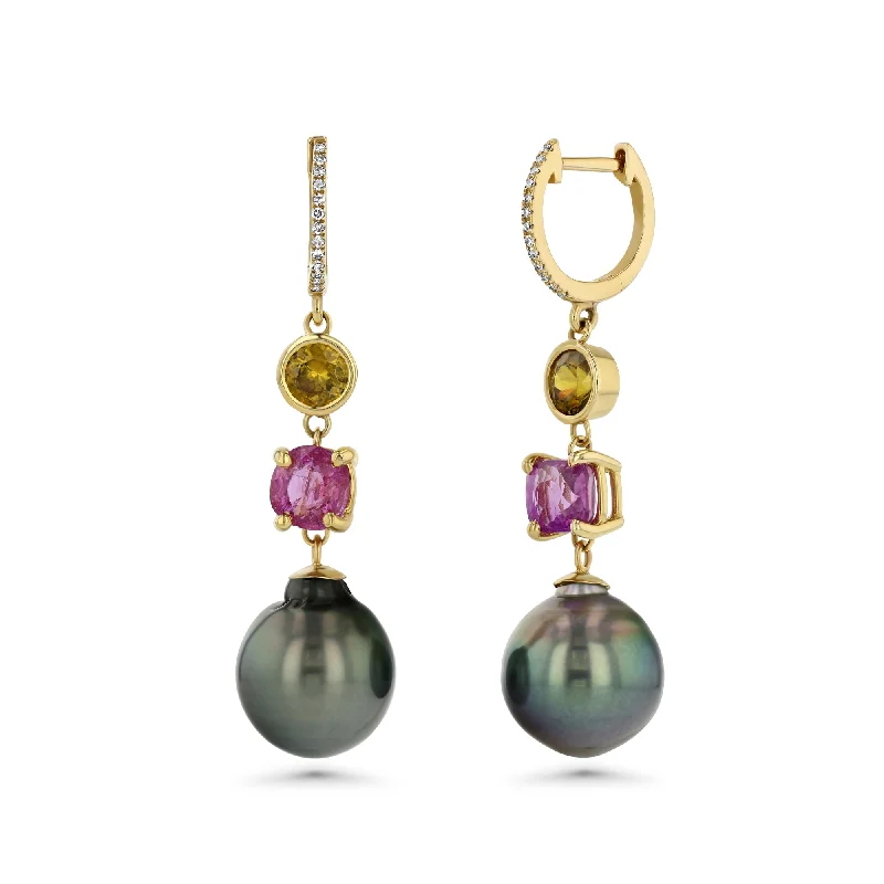 sterling silver infinity loop ring Pink Sapphire, Sphene, Tahitian Pearl Drops