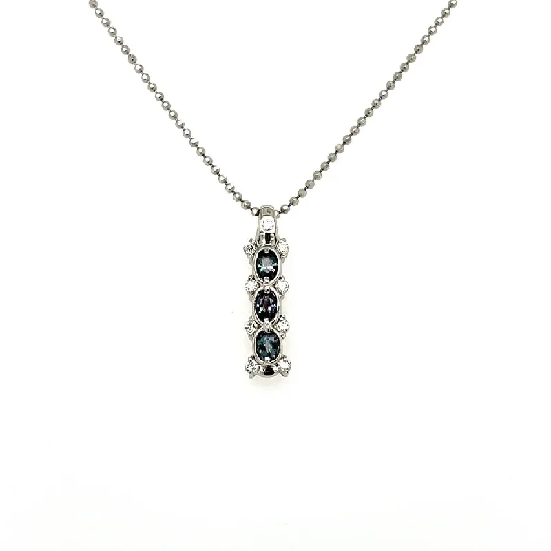 Platinum 3 Alexandrite & Diamond Drop Pendant Necklace 6.4g, 18" Adjustable at Regard Jewelry in Austin, Texas