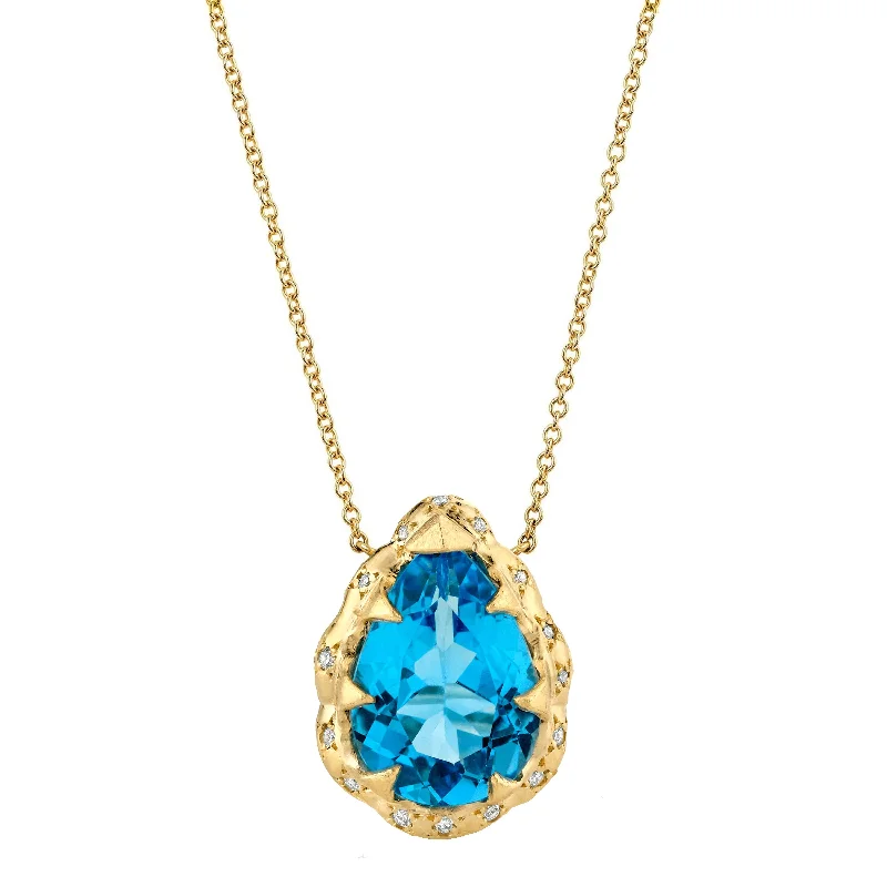 silver wave ring dainty Queen Water Drop Blue Topaz Necklace with Sprinkled Diamonds