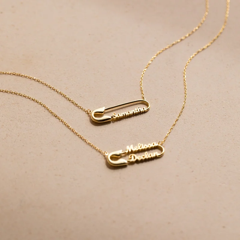 gold plated Cuban link chain Safety Pin Name Necklace