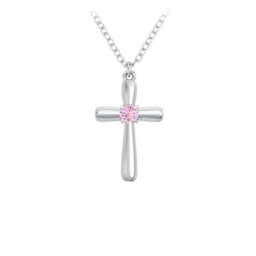 Silver Cross with Pink CZ