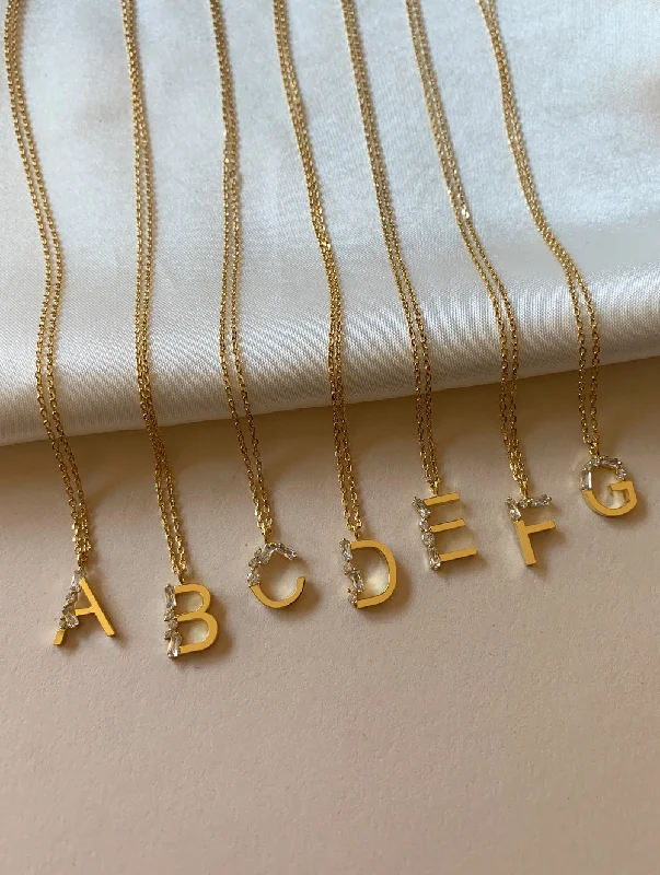 celestial sunburst ring gold Stone Encrusted Letter Necklace