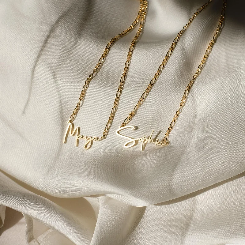 sapphire engagement ring halo Summer Name Necklace in Figaro Chain